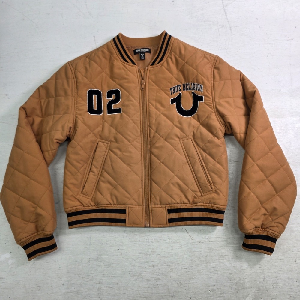 True Religion TR 02 Patch Quilted Bourbon Varsity Jacket Full Zip Womens Sz S